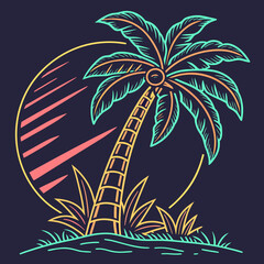 Neon palm tree at sunset with circular sun rays tropical