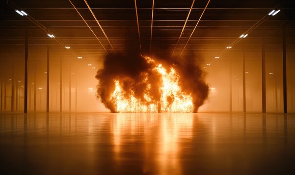 An expansive, empty industrial space bathed in an orange, hazy glow, with a large fire burning in the center, reflecting on the polished floor. Overhead, linear lighting is suspended