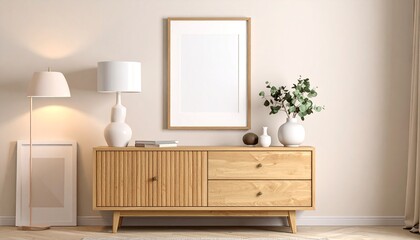 Minimalist living room interior with a wooden sideboard, warm lamps, and a blank vertical frame mockup for display