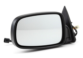 A side view mirror of a car with black plastic casing on a white background in a studio shot