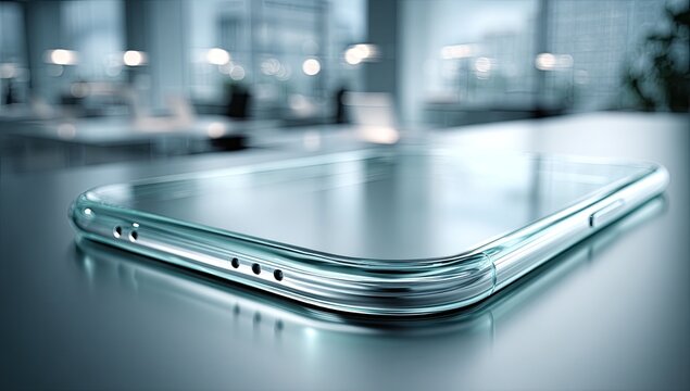 Sleek, modern smartphone on a reflective surface within a blurred office environment - Powered by Adobe