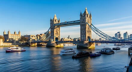 Naklejka premium Iconic London skyline featuring Tower Bridge and River Thames on a sunny day