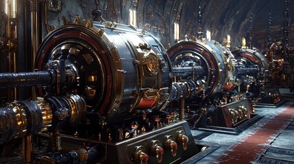 Fototapeta premium Detailed industrial machinery in a subterranean chamber.