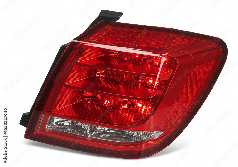 Poster Close up of a rectangular red car tail light with led lights on a white background