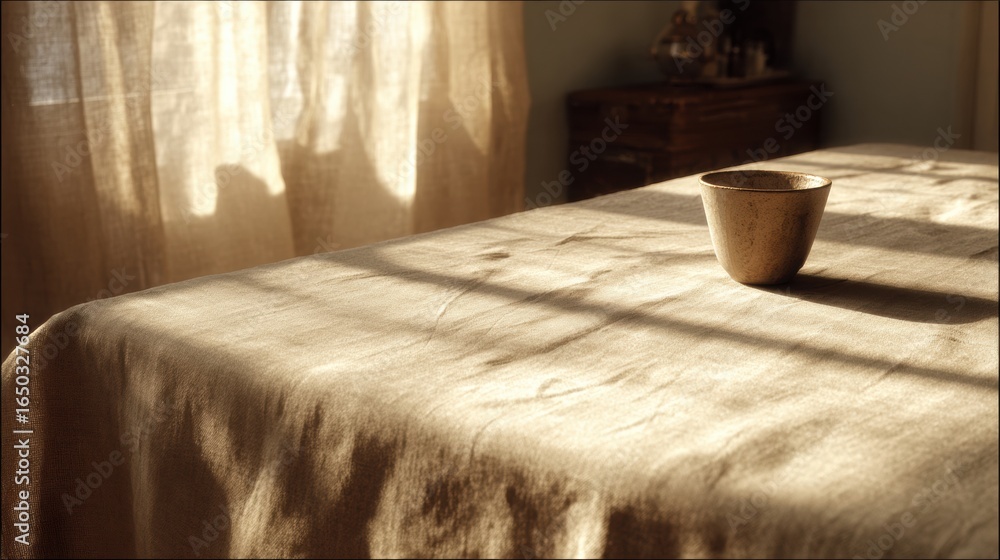 Poster sunlight streams through curtains illuminating a rustic table with a wooden bowl placed centrally in