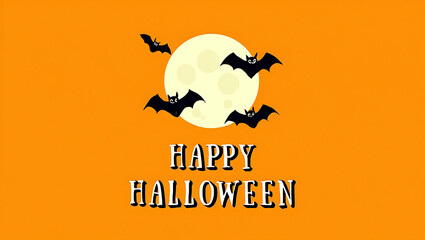 Fototapeta premium Black bats flying around a full moon with happy halloween text