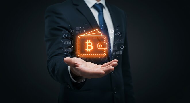 Hand holding a digital bitcoin wallet icon. - Powered by Adobe