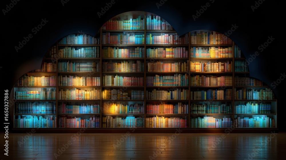 Poster colorful illuminated cloud-shaped bookshelf showcasing a diverse collection of books in a dimly lit 
