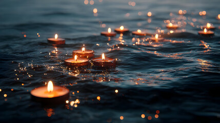 Fototapeta premium Floating Candles on Dark Water at Night