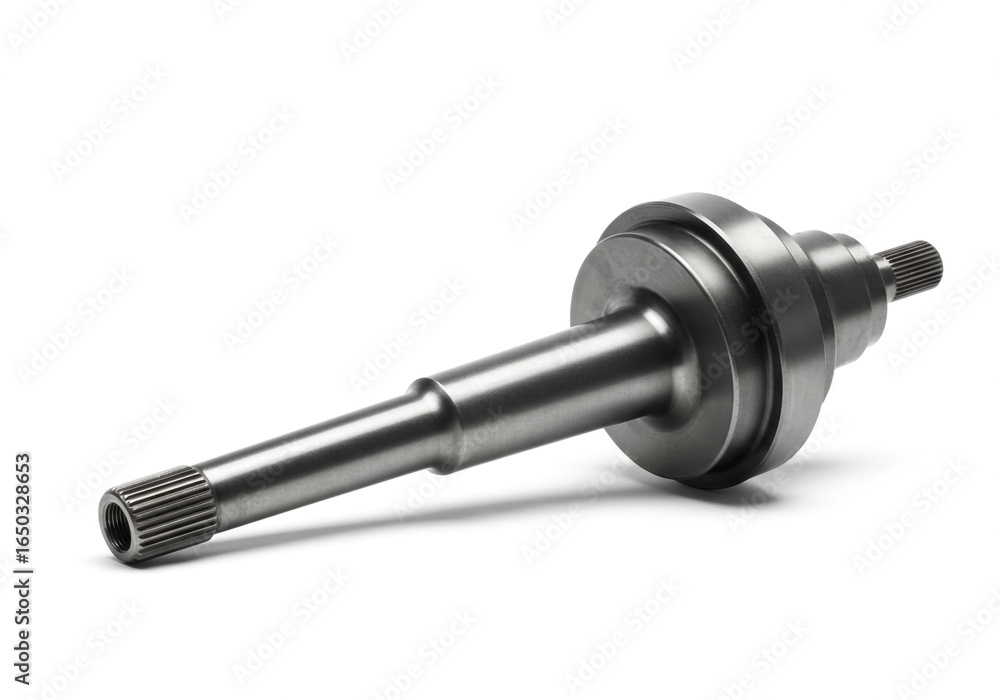 Poster close up of a metal shaft with splines and circular elements on a white background studio shot