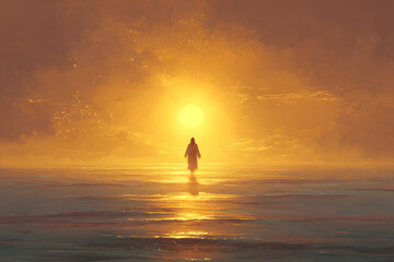 Digital painting of Jesus walks on water across the sea as in bible