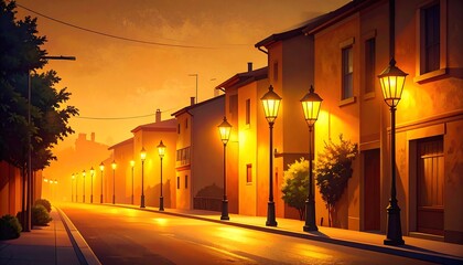 Warm Golden Evening Street Scene with Classic Lamps.
