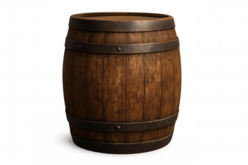 Classic wooden barrel with aged metal rings, isolated on transparent background, ideal for projects related to wine, whiskey, or historical themes