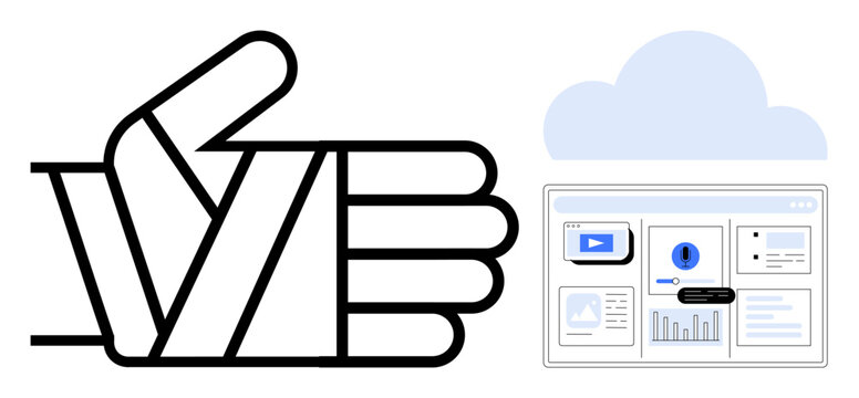 Simplified thumbs-up icon with cloud and dashboard visuals. Ideal for teamwork, success, data management, productivity, online collaboration, technology, decision-making. Simple flat metaphor