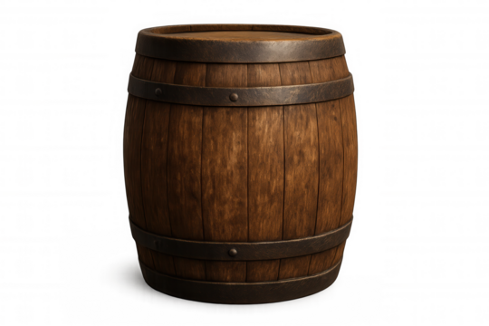 Classic wooden barrel with aged metal rings, isolated on transparent background, ideal for projects related to wine, whiskey, or historical themes