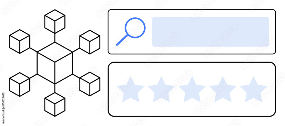 Poster blockchain network cubes connected in a decentralized design, search magnifying glass on input box, 