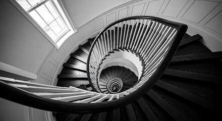 Monochrome elegance: A helical staircase ascending towards the luminous window light
