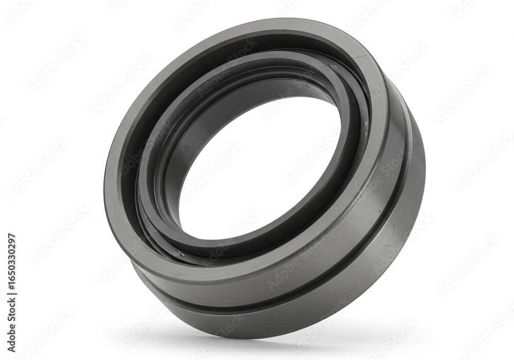 Poster close up shot of a metallic gray circular object with a hole in the center on white background