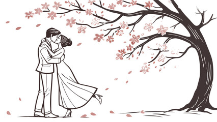 Obraz premium Romantic wedding couple kissing under cherry blossom tree vector illustration drawing design art graphic