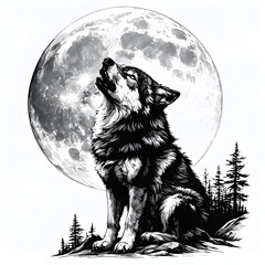 Mythical Wolf Howling at Full Moon in Blackwork Tattoo Style