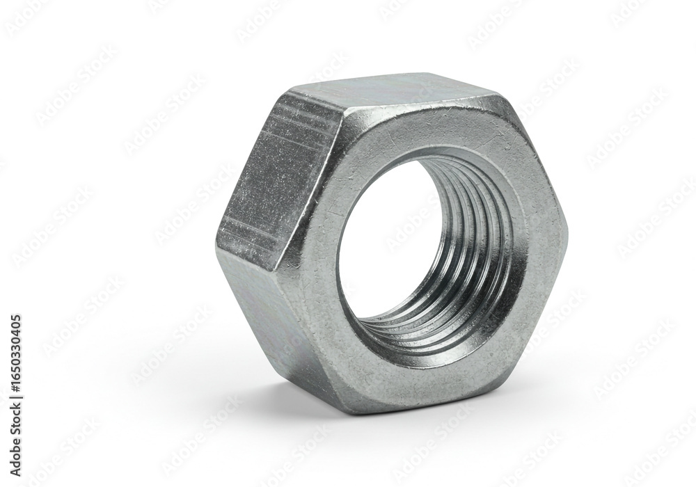 Poster a close up studio shot of a single metal hex nut with threads on a white background surface