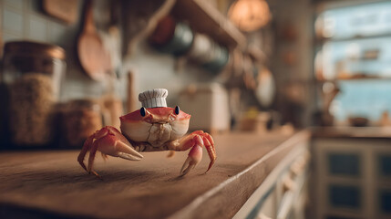 Red Crab Wearing Chef Hat on Wooden Kitchen Counter