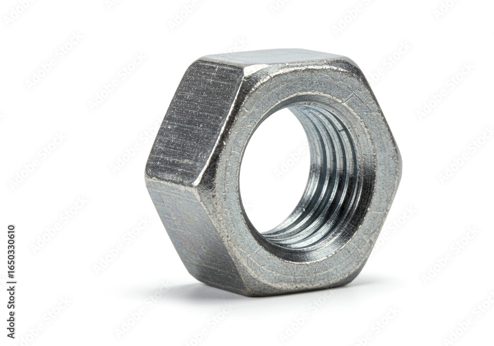 Poster a close up shot of a single silver hex nut with visible threading on a white background