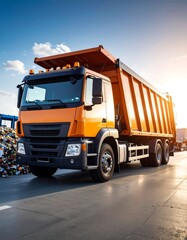 Orange dump truck on paved road