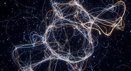 Abstract swirling light trails in dark space with glowing particles
