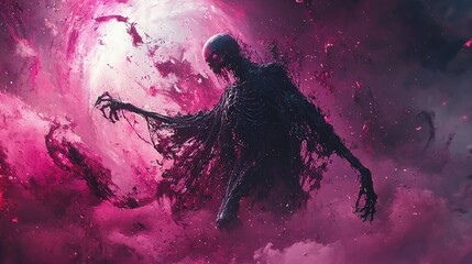 Dark entity in a vibrant, cosmic landscape.