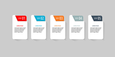 Five-step process infographic with colored tabs and placeholder text, ideal for presentations or reports.