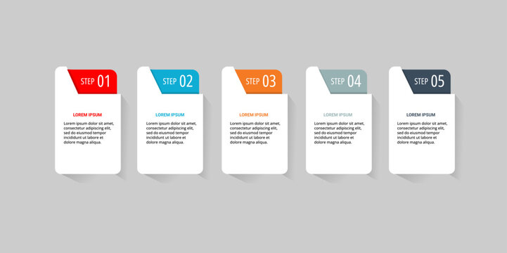 Five-step process infographic with colored tabs and placeholder text, ideal for presentations or reports.