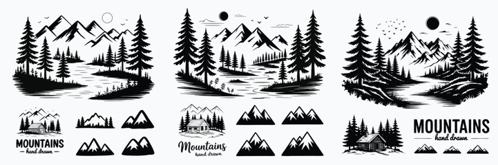 Obraz premium Black and White Hand Drawn Mountain and Forest Illustrations with Cabins and River Scenery