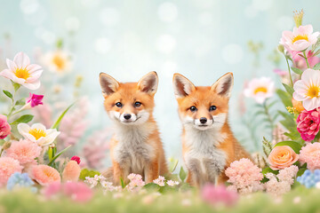 🦊✨ Two adorable foxes in a dreamy meadow, cute baby animals in nature