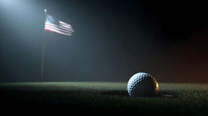 Golf Ball Near American Flag at Night on Putting Green