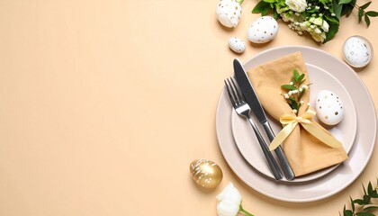 Elegant Easter Table Setting Featuring Decorated Eggs, Flowers, and Cutlery