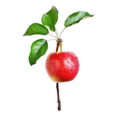 Red apple with leaves and stem, water droplets