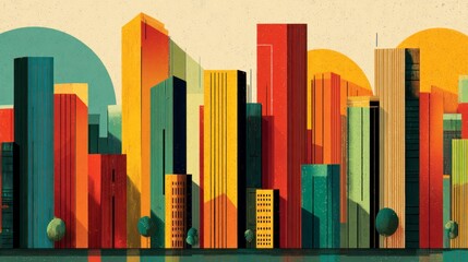 Colorful cityscape illustration featuring tall buildings.
