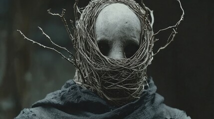 Close-up of a figure with a mask of interwoven twigs.