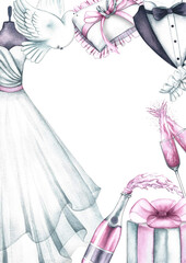 Wedding vertical frame with bride's dress and groom's suit, wedding rings, champagne and other wedding elements. Hand-drawn watercolor illustration. For greeting and invitation cards, flyers, posters.