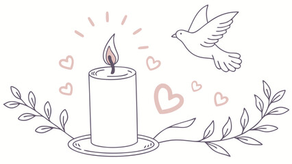 Serene remembrance illustration:  Lit candle, gentle dove, delicate foliage, and soft pink hearts create a peaceful, loving memorial image perfect for sympathy cards or bereavement websites.