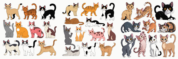 Obraz premium Cartoon Cats Collection of Various Feline Breeds, Poses, and Colors on an Isolated Background