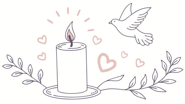 Serene remembrance illustration:  Lit candle, gentle dove, delicate foliage, and soft pink hearts create a peaceful, loving memorial image perfect for sympathy cards or bereavement websites.