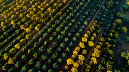 Aerial View of a Lush Green and Yellow Orchard at Sunset