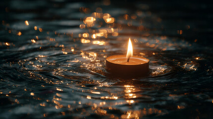 Floating Candle on Dark Water at Night