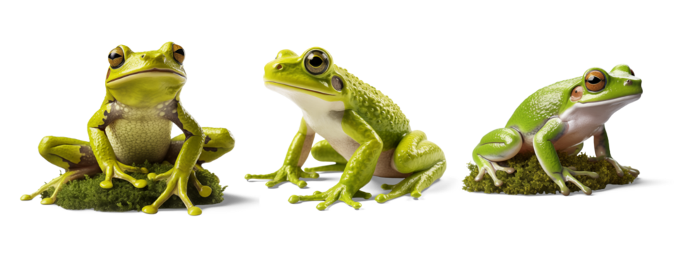 Frogs trio on display: A captivating trio of vibrant green frogs strikes dynamic poses on small beds of verdant moss, their striking eyes full of life, creating a tableau of natural beauty and charm.