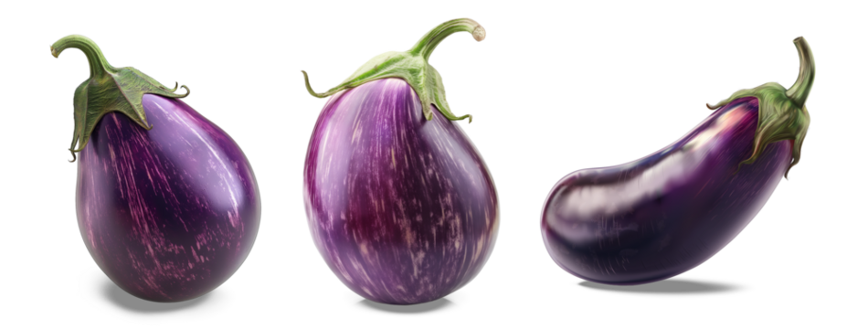 Elegant Eggplant Trio: Showcasing the vibrant beauty of three perfectly ripe eggplants, each boasting a deep, glossy, purple hue and healthy green stems, set against an uncluttered backdrop.