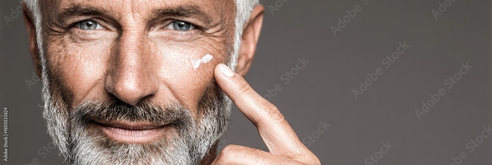 Poster man applying skincare product on his cheek in a minimalist setting during the day