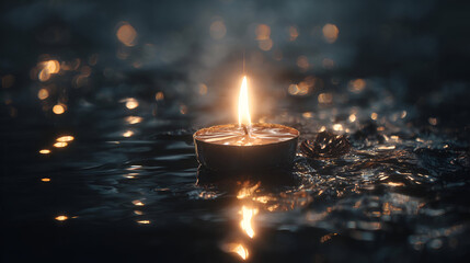 Single Candle Flame Floating on Dark Water at Night