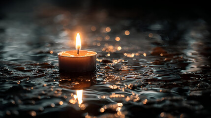 Single Burning Candle Floating on Dark Water